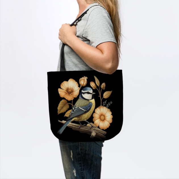 Blue Tit with Vintage Golden Botanical Florals by BirdsnStuff