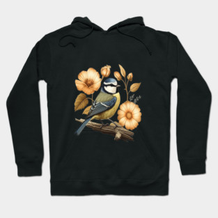 Blue Tit with Vintage Golden Botanical Florals Hoodie