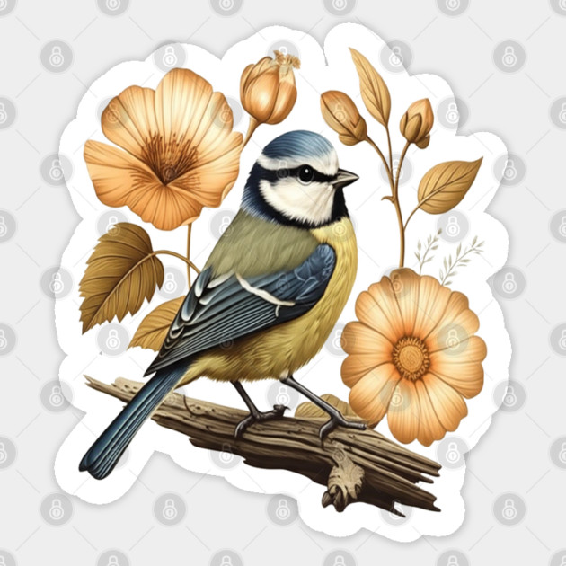 Blue Tit with Vintage Golden Botanical Florals Sticker by BirdsnStuff