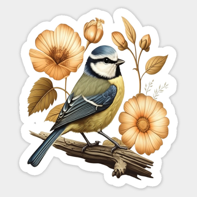 Blue Tit with Vintage Golden Botanical Florals Magnet by BirdsnStuff