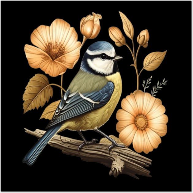 Blue Tit with Vintage Golden Botanical Florals Wall Art by BirdsnStuff