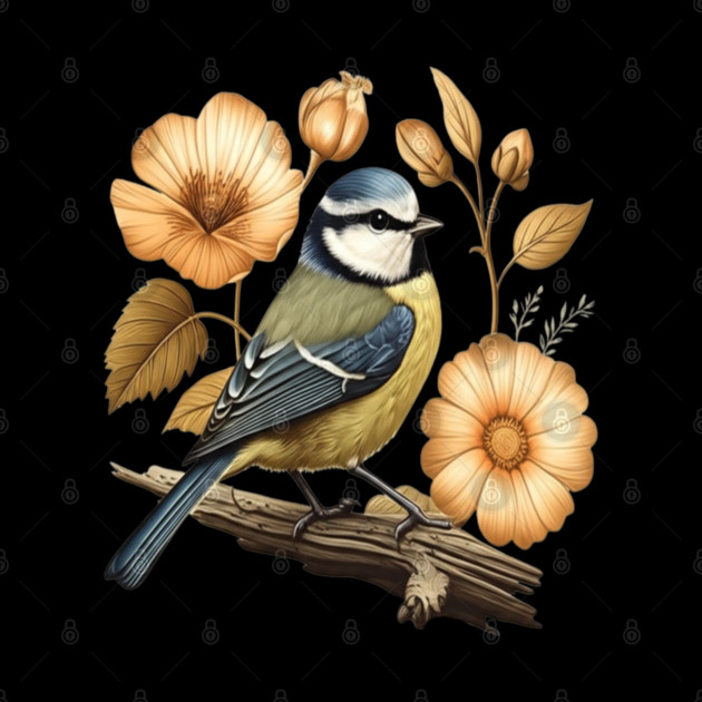 Blue Tit with Vintage Golden Botanical Florals by BirdsnStuff