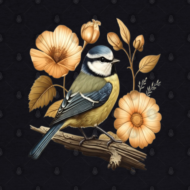 Blue Tit with Vintage Golden Botanical Florals by BirdsnStuff