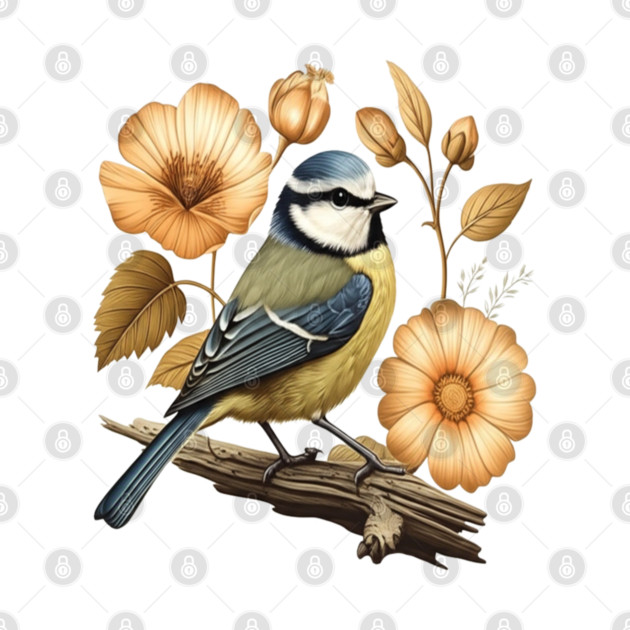 Blue Tit with Vintage Golden Botanical Florals by BirdsnStuff