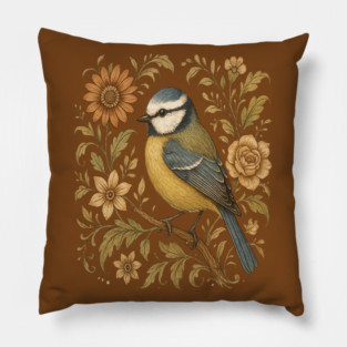 Blue Tit with Rustic Golden Botanical Accents Pillow