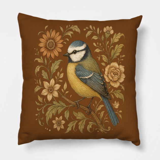 Blue Tit with Rustic Golden Botanical Accents Pillow by BirdsnStuff