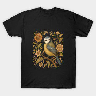 Blue Tit with Rustic Golden Botanical Accents T-Shirt
