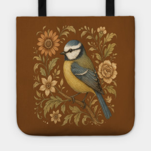 Blue Tit with Rustic Golden Botanical Accents Tote