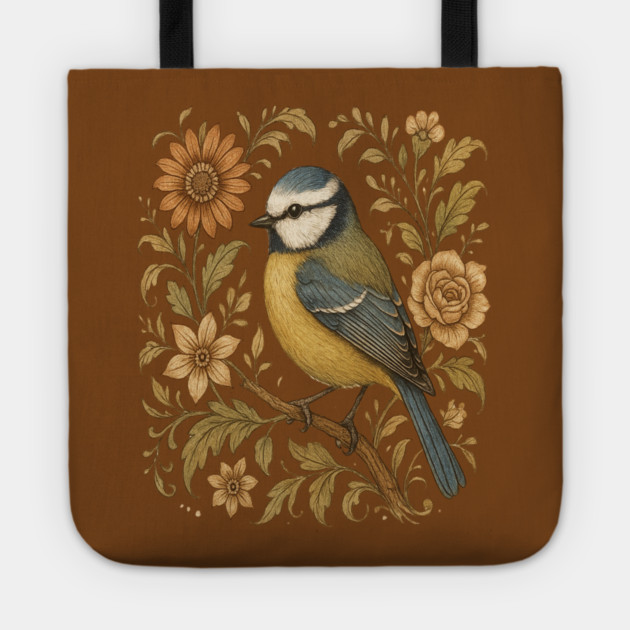 Blue Tit with Rustic Golden Botanical Accents Tote by BirdsnStuff