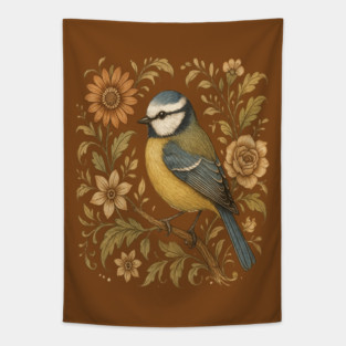 Blue Tit with Rustic Golden Botanical Accents Tapestry
