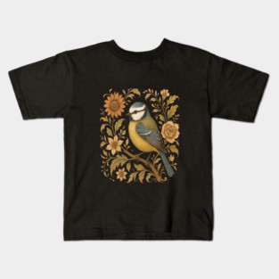 Blue Tit with Rustic Golden Botanical Accents Kids T-Shirt