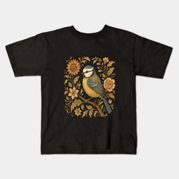 Blue Tit with Rustic Golden Botanical Accents Kids T-Shirt by BirdsnStuff