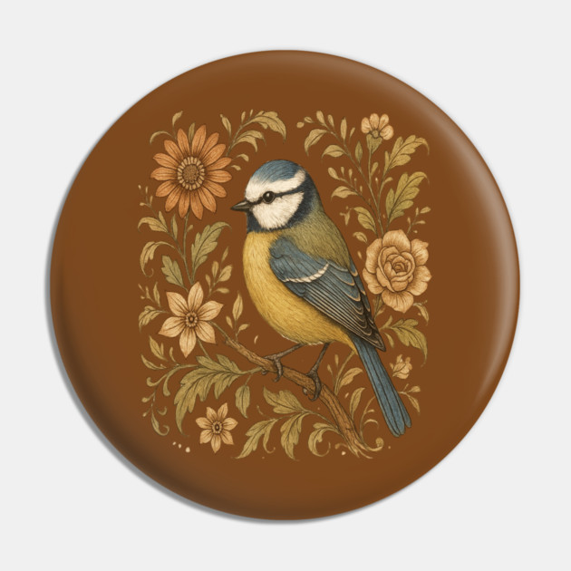 Blue Tit with Rustic Golden Botanical Accents Pin by BirdsnStuff