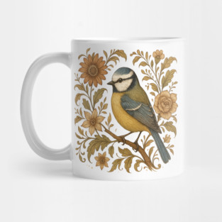 Blue Tit with Rustic Golden Botanical Accents Mug
