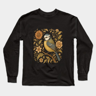 Blue Tit with Rustic Golden Botanical Accents Long Sleeve T-Shirt