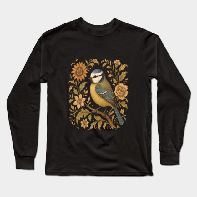 Blue Tit with Rustic Golden Botanical Accents Long Sleeve T-Shirt by BirdsnStuff