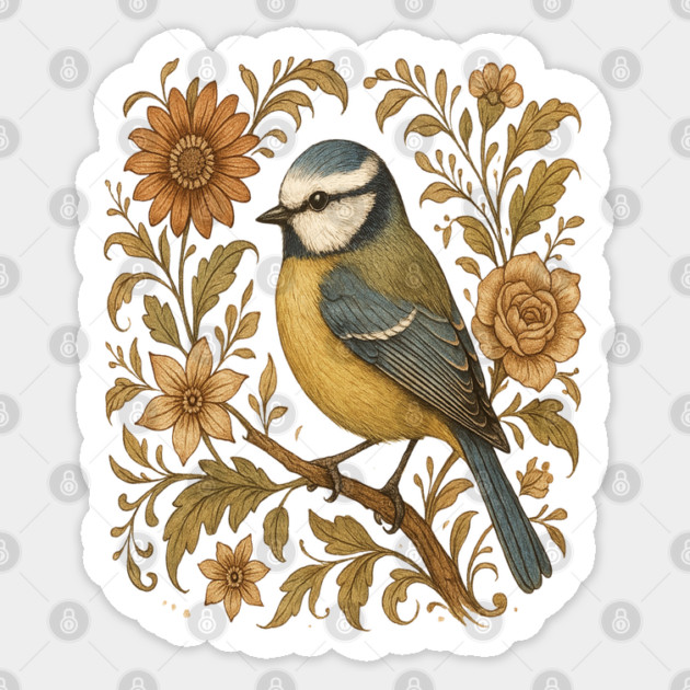Blue Tit with Rustic Golden Botanical Accents Sticker by BirdsnStuff