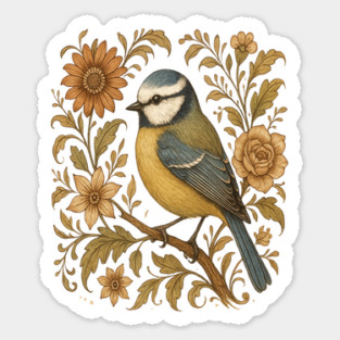 Blue Tit with Rustic Golden Botanical Accents Magnet