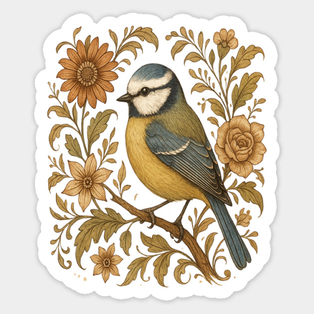 Blue Tit with Rustic Golden Botanical Accents Magnet by BirdsnStuff