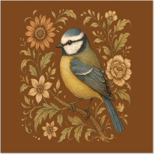 Blue Tit with Rustic Golden Botanical Accents Posters and Art