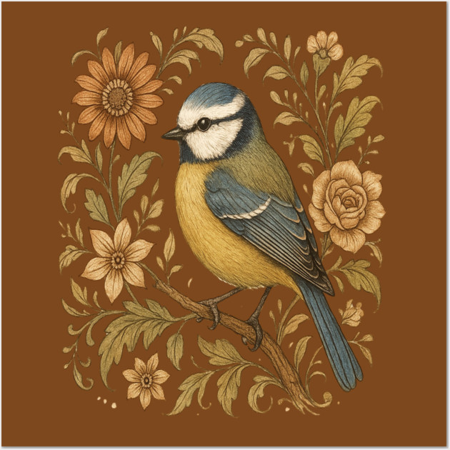Blue Tit with Rustic Golden Botanical Accents Wall Art by BirdsnStuff