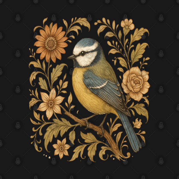 Blue Tit with Rustic Golden Botanical Accents by BirdsnStuff