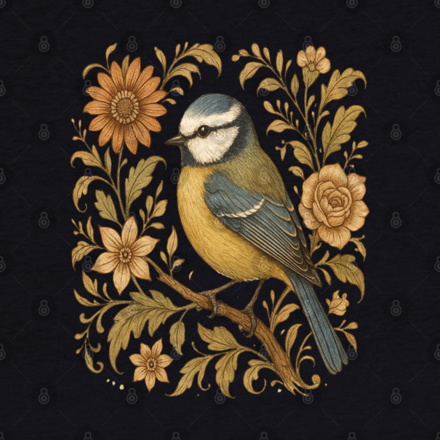 Blue Tit with Rustic Golden Botanical Accents by BirdsnStuff