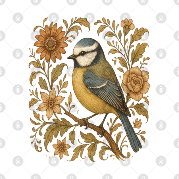 Blue Tit with Rustic Golden Botanical Accents by BirdsnStuff