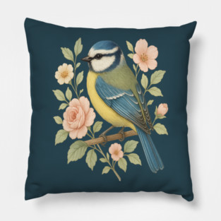 Blue Tit with Romantic Vintage Rose Botanicals Pillow