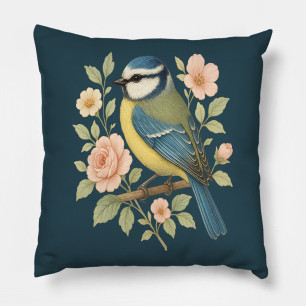Blue Tit with Romantic Vintage Rose Botanicals Pillow by BirdsnStuff