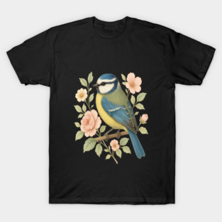 Blue Tit with Romantic Vintage Rose Botanicals T-Shirt