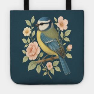 Blue Tit with Romantic Vintage Rose Botanicals Tote