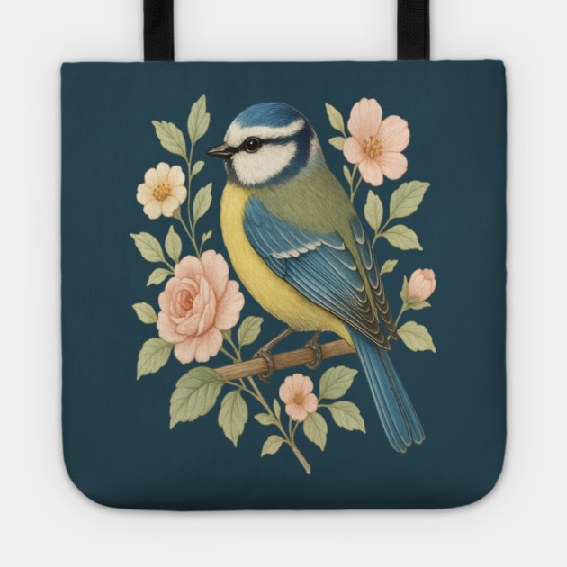 Blue Tit with Romantic Vintage Rose Botanicals Tote by BirdsnStuff
