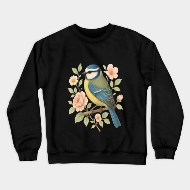 Blue Tit with Romantic Vintage Rose Botanicals Crewneck Sweatshirt by BirdsnStuff