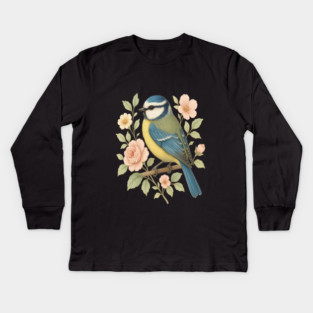Blue Tit with Romantic Vintage Rose Botanicals Kids Long Sleeve T-Shirt