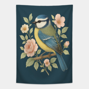 Blue Tit with Romantic Vintage Rose Botanicals Tapestry