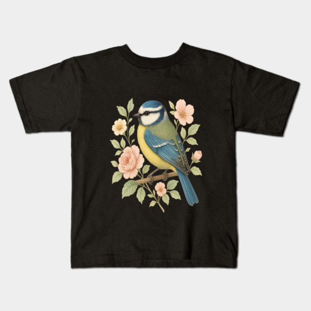 Blue Tit with Romantic Vintage Rose Botanicals Kids T-Shirt by BirdsnStuff