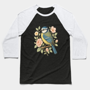 Blue Tit with Romantic Vintage Rose Botanicals Baseball T-Shirt