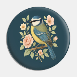 Blue Tit with Romantic Vintage Rose Botanicals Pin