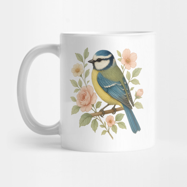 Blue Tit with Romantic Vintage Rose Botanicals by BirdsnStuff