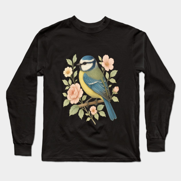 Blue Tit with Romantic Vintage Rose Botanicals Long Sleeve T-Shirt by BirdsnStuff