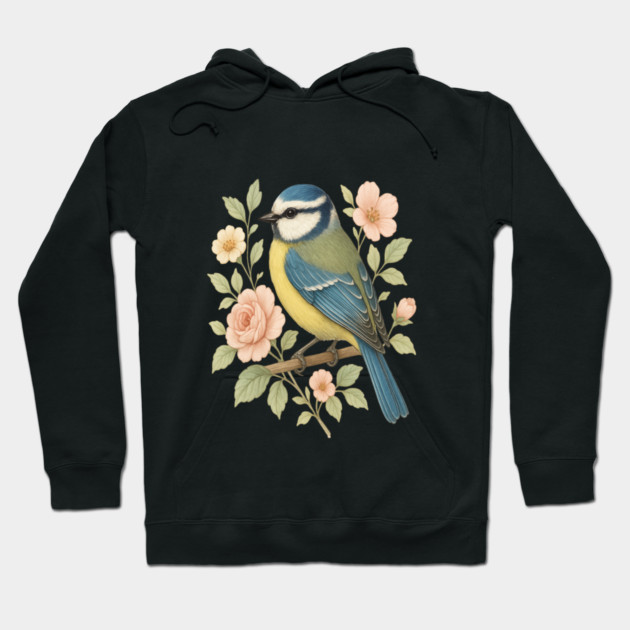 Blue Tit with Romantic Vintage Rose Botanicals Hoodie by BirdsnStuff