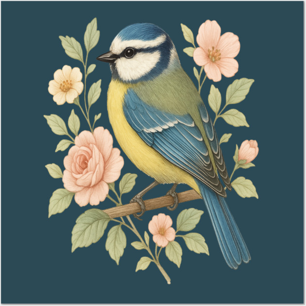 Blue Tit with Romantic Vintage Rose Botanicals Wall Art by BirdsnStuff