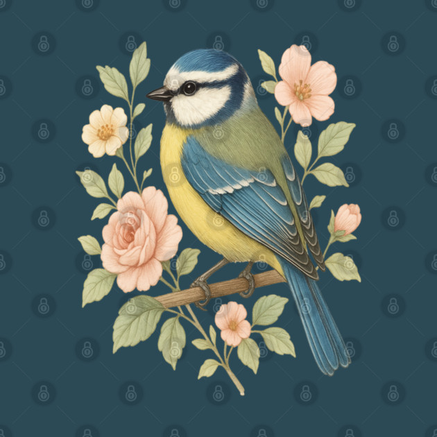 Blue Tit with Romantic Vintage Rose Botanicals by BirdsnStuff