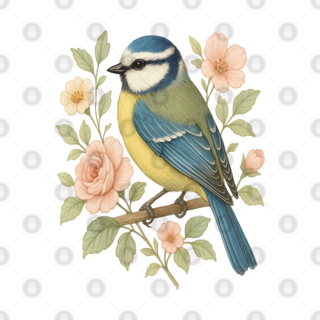 Blue Tit with Romantic Vintage Rose Botanicals by BirdsnStuff