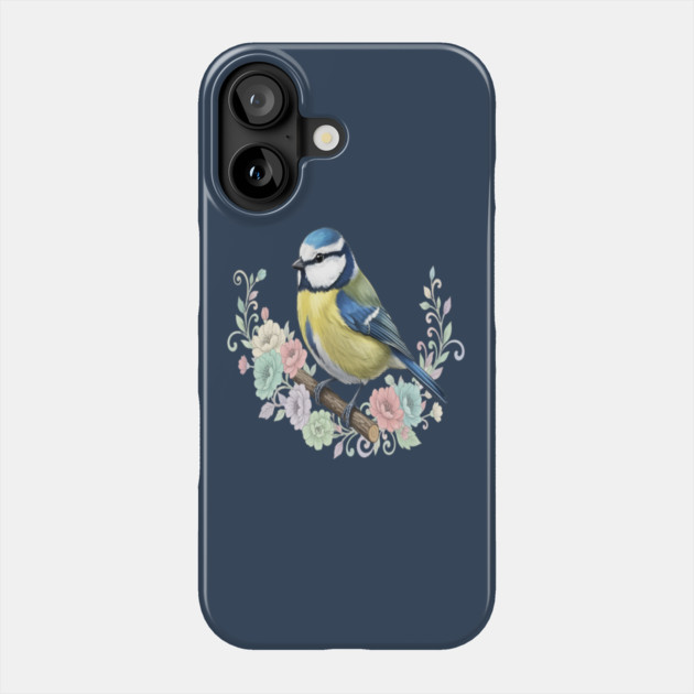 Eurasian Blue Tit with Vintage Floral Botanical Accents Phone Case by BirdsnStuff