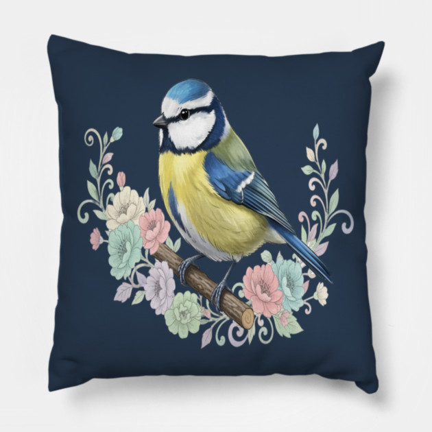 Eurasian Blue Tit with Vintage Floral Botanical Accents Pillow by BirdsnStuff