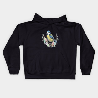 Eurasian Blue Tit with Vintage Floral Botanical Accents Kids Hoodie