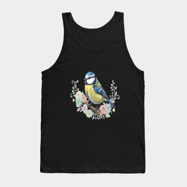 Eurasian Blue Tit with Vintage Floral Botanical Accents Tank Top by BirdsnStuff