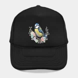 Eurasian Blue Tit with Vintage Floral Botanical Accents Hat